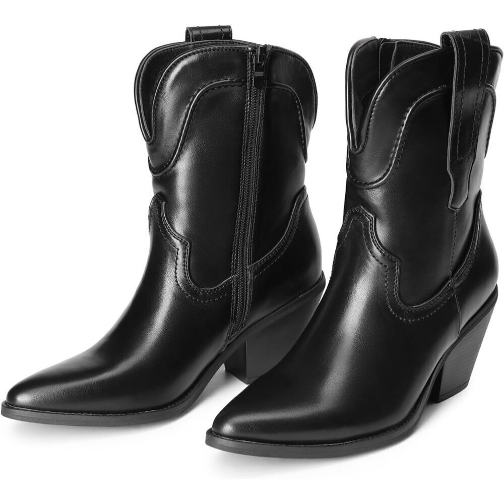 🆕Women's Black Faux Leather Cowboy Ankle Boots Chunky Heel Pointed Toe - Picture 4 of 7